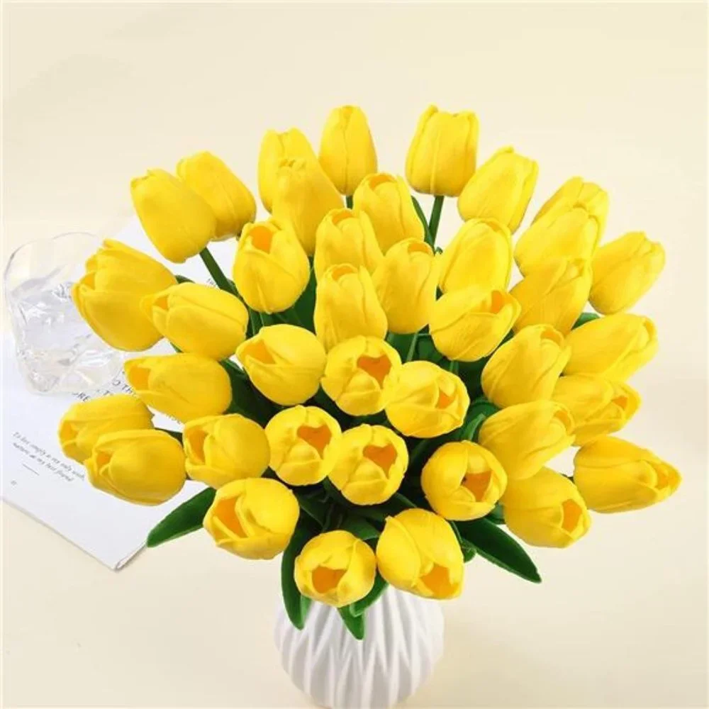 10 Pcs Tulips Artifical Flowers Real Touch Faux Tulip Stems Table Decor (Yellow)